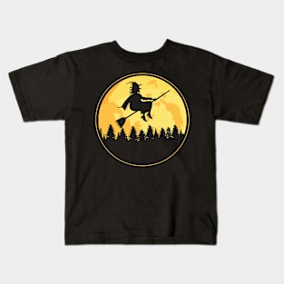 Halloween Full Moon Witch Flying on Broomstick Evergreen Trees Kids T-Shirt